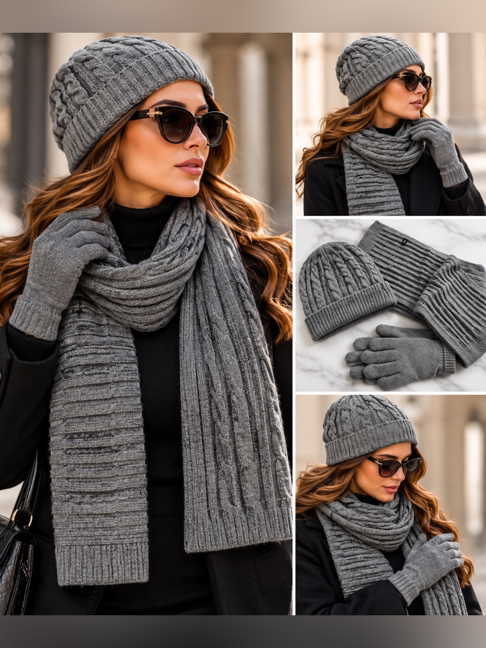 NWT 3-Piece Scarf, Hat & Glove Set – Grey